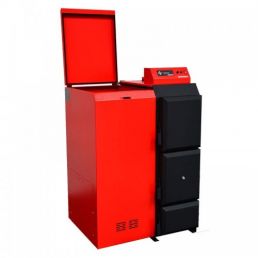 The red and black pellet heating boiler Pelling 35 Maxi has an open lid and an integrated 151 kg pellet container on the left side.