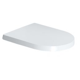 Valge ristkülikukujuline WC-kaas, millel on ümardatud esiosa ja sile ning läikiv pind, valmistatud plastist.