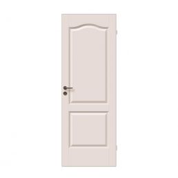 Valkoinen sisäovi, jossa on kaksi koristepaneelia ja metallinen kahva, klassinen muotoilu.