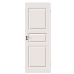 Valkoinen sisäovi, jossa on kolme suorakulmaista paneelia ja metallikahva vasemmalla puolella.