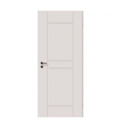 Valkoinen sisäovi, jossa sileä pinta, kolme vaakapaneelia ja musta ovenkahva vasemmalla.