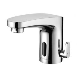 Chrome-finished 'Modus Trend E' sink dispenser with an integrated faucet, powered by four AA batteries.