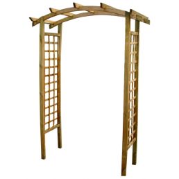 Classic wooden rose arch with the dimensions of 60x180 cm, natural color, curved top, and lattice panels on the sides.