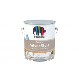 White 5-liter Caparol SilverStyle wood stain can with a metallic effect, colorful logo and descriptive label