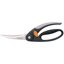 25 cm long black and orange Fiskars bird scissors with sharp blades and an ergonomic handle.