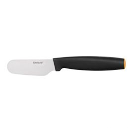 Fiskars butter knife with a white blade and a black handle, a small golden detail at the end of the handle.
