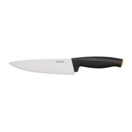 Medium-sized 16 cm Fiskars FF chef's knife with a steel blade and an ergonomic black plastic handle.