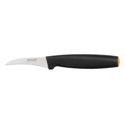 Fiskars FF paring knife with a curved 7 cm blade and a black plastic handle with a yellow detail.