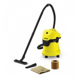 Gul och svart våt- och torrdammsugare med lång slang, golvmunstycke, smalt munstycke, papperspåse och cylinderformat filter.