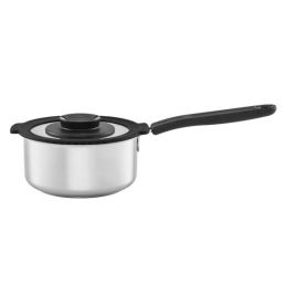 1.5-liter stainless steel saucepan with a black handle and a transparent glass lid.