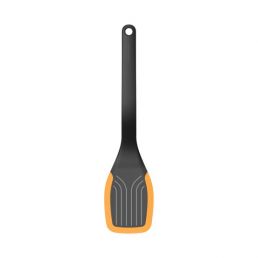 Fiskars spatula with a black handle and an orange silicone tip.