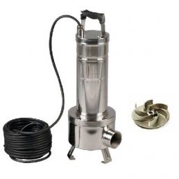 Ruostumattomasta teräksestä valmistettu uppopumppu FEKA VS 1000 T-NA ilman uimuria, teho 1,4 kW, jännite 380V, sisältää mustan letkun ja useita pumpputarvikkeita.