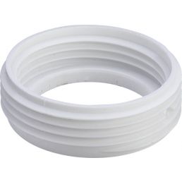 Valge plastikust üleminek, mõõtmed 1½-tolline välisläbimõõt ja 1¼-tolline sisediameeter, mitmekihilised keermed.