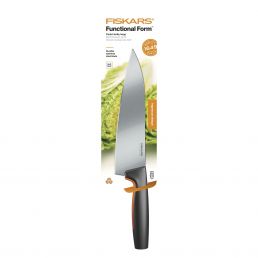 Fiskars large chef's knife, 20 cm, with a stainless steel blade and a black-orange plastic handle.