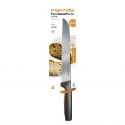 Fiskars Functional Form bread knife with a long blade and an orange handle.
