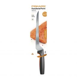 21 cm long Fiskars FF filleting knife with a black handle and a stainless steel blade.