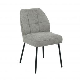 Gray fabric-upholstered chair with black metal legs, a curved backrest, and vertical stitching on the back.