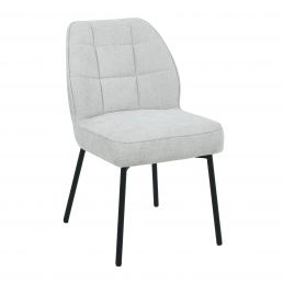 Light grey chair with a cushioned seat and backrest, black metal legs, and quilted square stitching on the upholstery.