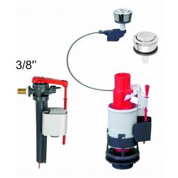 Toilet bowl mechanism set with Jollyfill valve, includes black, white, and red plastic fill valve, flush mechanism, and a round chrome push button.
