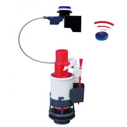White and red electronic toilet flushing mechanism with a dual flush option and a wireless sensor.