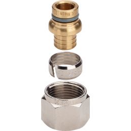 Messinkinen liitin, metallirengas ja nikkelöity mutteri, jossa on sisäkierre. Osat on järjestetty riveittäin ja erikseen.