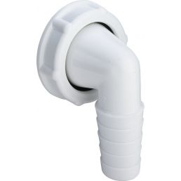 Valge plastikust sifoontoru ühendus 90° nurga all, ribilise toruotsaga.