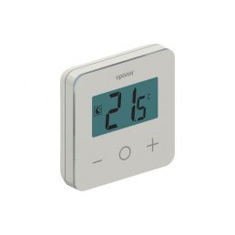 Digital vit termostat med stora siffror på blå bakgrund och knappar för temperaturjustering.