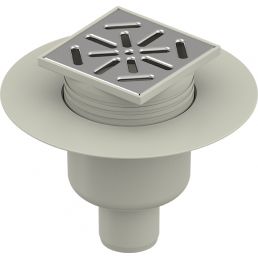 Metallinen poistoputki, vaaleanharmaa, neliönmuotoinen ritilä yläpinnassa ja alaspäin kapeneva pohja. Standardikoko FI 50.