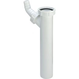 Valge plastikust väljalasketoru koos pistikuga, mõõtmed 1½ x 40 mm ja pikkus 200 mm.