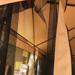 Black mosquito net for canopy, size 3x3 m, features a zippered door.