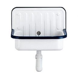 Valge emailitud terasvalamu, mõõtmed 510x360 mm, sinise äärisega.