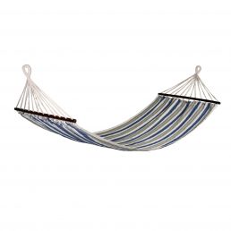 Blue-striped hammock with white knotted ends and wooden spreaders.