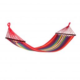 Colorful 'RIINA' hammock with dominant red stripes and red suspension ropes.