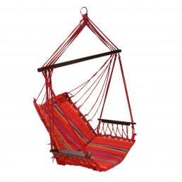 A red and orange striped hanging chair with a wooden suspension rod and soft ropes.