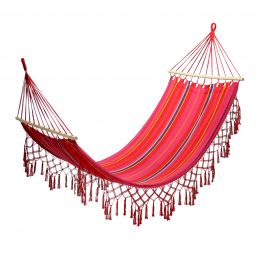 Red striped ROMANCE hammock with decorative tassels.