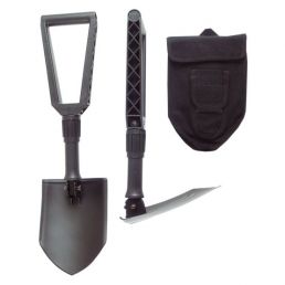 Black folding shovel with a black carrying case and a gray metal handle.