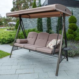 Brown FRANCO swing with three seats, cushioned seating and soft pillows, sunshade canopy.