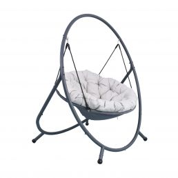 Hanging chair with a gray metal frame and a soft white cushion, unique oval design.