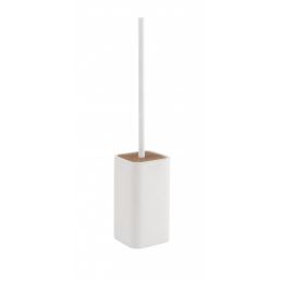 White toilet brush with a bamboo handle in a ceramic holder.