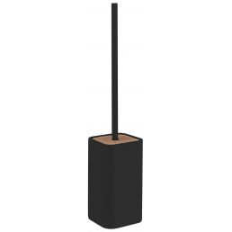 Black toilet brush with a bamboo handle, placed in a dark holder.
