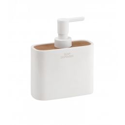 Valge vedelseebi dosaator puidust alusega, minimalistlik disain.