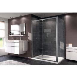 Suihkuseinä X1, yhdellä liukuoviosastolla, leveys 1000 mm, korkeus 1900 mm, kiiltävä hopeinen kehys ja läpinäkyvä lasi.