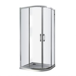 Läikiva hõbedase viimistlusega ja läbipaistvast klaasist dušinurk, mõõtmetega 800x800 mm ja raadiusega 550 mm, lükanduksed.