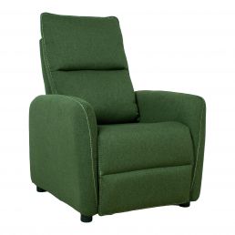 Mörkgrön tygfåtölj med raka linjer, mjuk stoppning, hög rygg och korta svarta ben.