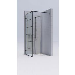 Modern shower corner in New York style with clear glass and black metal frames.