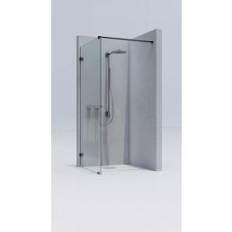 Modern shower wall with clear glass and chrome details, featuring an opening door.