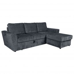 Charcoal gray corner sofa bed INGMAR with built-in storage and an adjustable backrest.