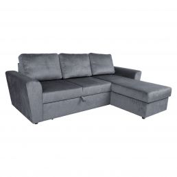 Gray corner sofa bed with three back cushions and integrated storage.