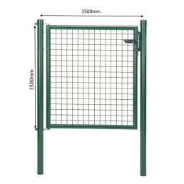 Green pedestrian gate, 1500 mm wide and 1500 mm high, metal frame and mesh panel.