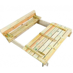 Simple wooden sandbox with opening lids to protect the sand from weather elements.